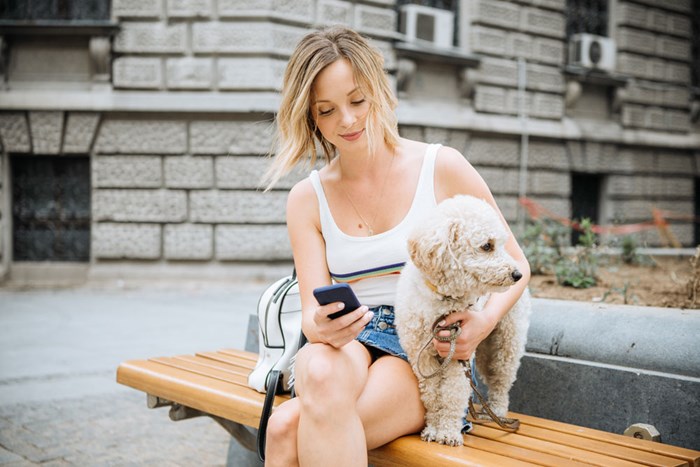 woman holding pet dog and texting