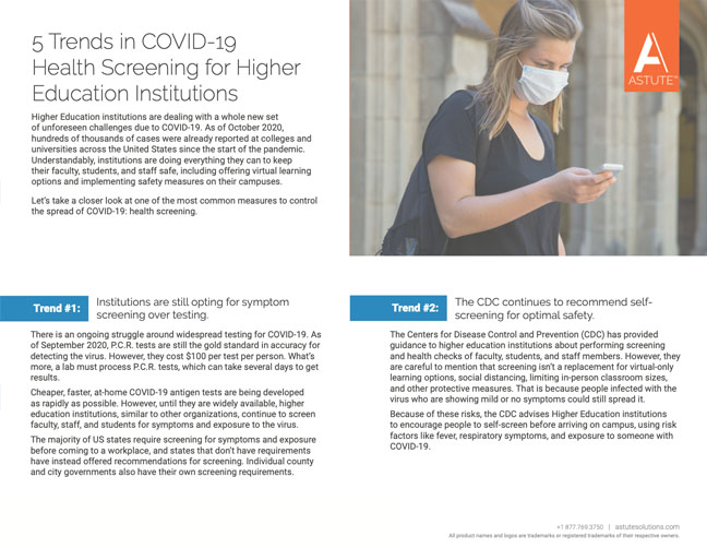 Cover for one-pager, 5 Trends in COVID-19 Health Screening for Higher Education Institutions