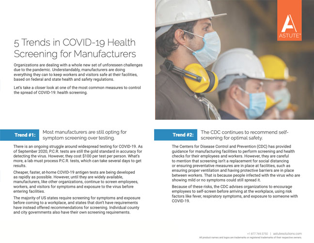 Cover for one-pager, 5 Trends in COVID-19 Health Screening for Manufacturers